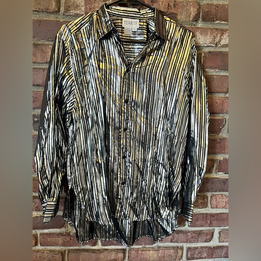 Vintage 1980s 1990s Striped Metallic Gold Silver Black Button-Up Shirt Small